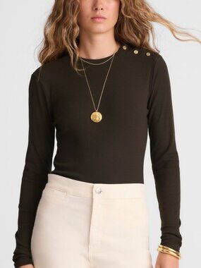 Madewell Ribbed Button Crewneck Long Sleeve Tee Dark Brown Size S